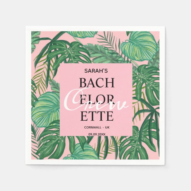 Modernes tropisches Palm Pink Bachelorette Crew Pa Serviette (Vorderseite)
