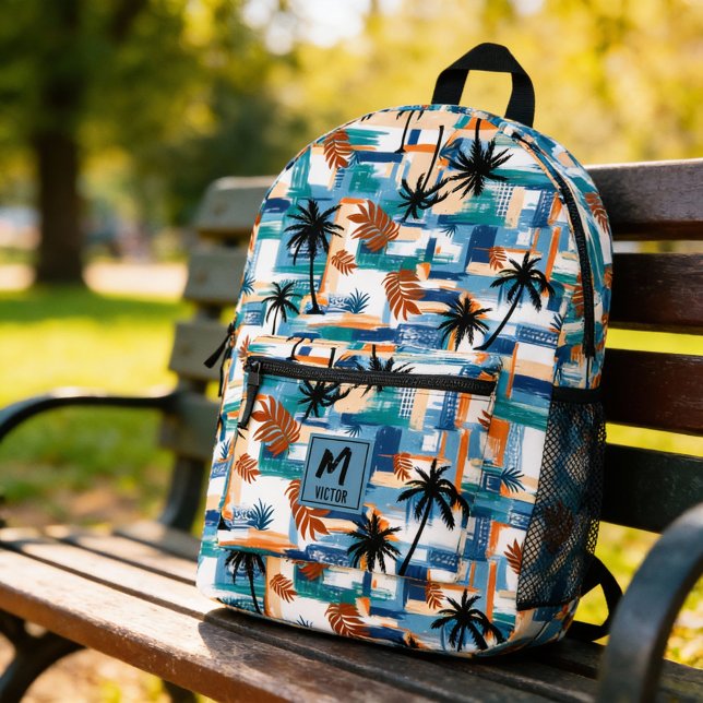 Modernes tropisches Prüfmuster Blaues Monogramm Bedruckter Rucksack (Modern tropical palm mix checked pattern blue monogram printed backpack, back to school)