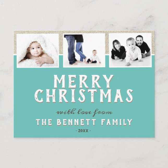 Modernes Türkis 3 Foto Collage Weihnachten Postkarte (Vorderseite)