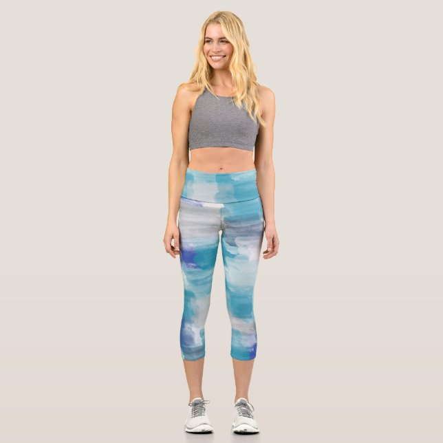 Modernes Türkis & Grau Wasserfarbe Abstrakt Art Capri Leggings (Vorderseite)