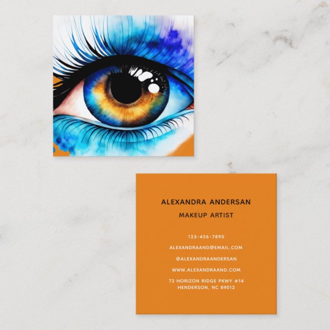 Modernes Türkis Orange Eyelash Makeup Wasserfarbe Quadratische Visitenkarte (Vorne/Hinten)