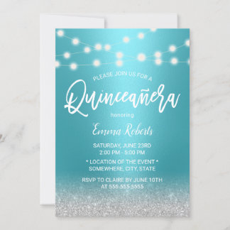 Modernes Türkis & Silberner Glitzer Quinceanera 15 Einladung