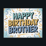 Modernes Türkis und Gelb "HAPPY BIRTHDAY BROTHER"  Postkarte<br><div class="desc">Eine saubere und festliche 2D-Digitalillustration mit der Botschaft "HAPPY BIRTHDAY BROTHER" in einer fetten,  umrandeten serifenlosen Schriftart. Die Typografie verwendet ein stilvolles Türkis- und Gelb-Farbschema,  zentriert vor einem hellblauen Sonnenstrahl-Hintergrund. Die Komposition ist umrahmt von glänzenden Ballons,  wirbelnden goldenen und türkisen Luftschlangen sowie zarten Stern- und Konfetti-Akzente.</div>