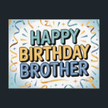 Modernes Türkis und Gelb "HAPPY BIRTHDAY BROTHER"  Postkarte<br><div class="desc">Eine saubere und festliche 2D-Digitalillustration mit der Botschaft "HAPPY BIRTHDAY BROTHER" in einer fetten,  umrandeten serifenlosen Schriftart. Die Typografie verwendet ein stilvolles Türkis- und Gelb-Farbschema,  zentriert vor einem hellblauen Sonnenstrahl-Hintergrund. Die Komposition ist umrahmt von glänzenden Ballons,  wirbelnden goldenen und türkisen Luftschlangen sowie zarten Stern- und Konfetti-Akzente.</div>