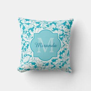 Modernes türkisfarbenes floral Girl Monogramm mit Kissen