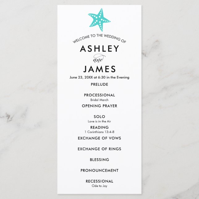 Modernes türkisfarbenes Starfish Hochzeitsprogramm Programm (Vorderseite)