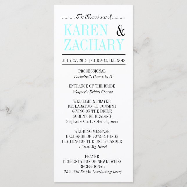 Modernes Typografie Black and Aqua Wedding Program Programm (Vorderseite)