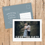Modernes Typografie-Foto Save the Date Ankündigungspostkarte<br><div class="desc">Erschwingliche, individuell bedruckte Hochzeit Speichern Sie die Date Postkarten mit einer leicht zu bedienenden Vorlage und voll bearbeitbaren Schriftart und Farben. Dieses cool minimalistische Design verfügt über ein einfaches Foto-Overlay mit modernen Slab-Serif-Schriftart. Personalisieren Sie es mit Ihren Hochzeitsdetails und Verlobung-Foto mit weiteren Details auf der Rückseite. Verwenden Sie die Designtools,...</div>
