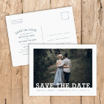 Modernes Typografie-Foto Save the Date Ankündigungspostkarte<br><div class="desc">Erschwingliche, individuell bedruckte Hochzeit Speichern Sie die Date Postkarten mit einer leicht zu bedienenden Vorlage und voll bearbeitbaren Schriftart und Farben. Dieses cool minimalistische Design verfügt über ein einfaches Foto-Overlay mit modernen Slab-Serif-Schriftart. Personalisieren Sie es mit Ihren Hochzeitsdetails und Verlobung-Foto mit weiteren Details auf der Rückseite. Verwenden Sie die Designtools,...</div>