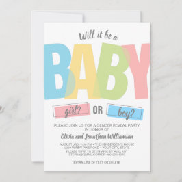 Modernes Typografie Gender Reveal Baby Shower Part Einladung