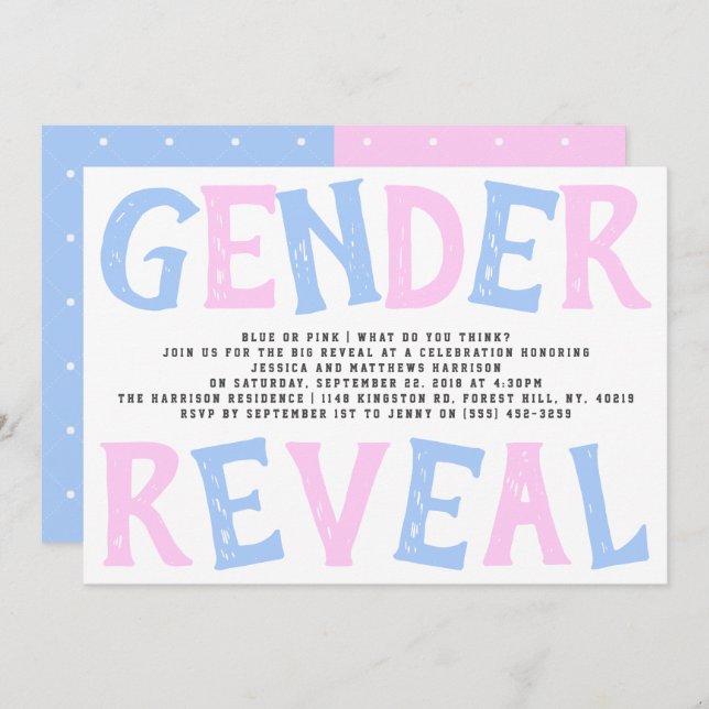 Modernes Typografie Gender Reveal Party! Babyparty Einladung (Vorne/Hinten)