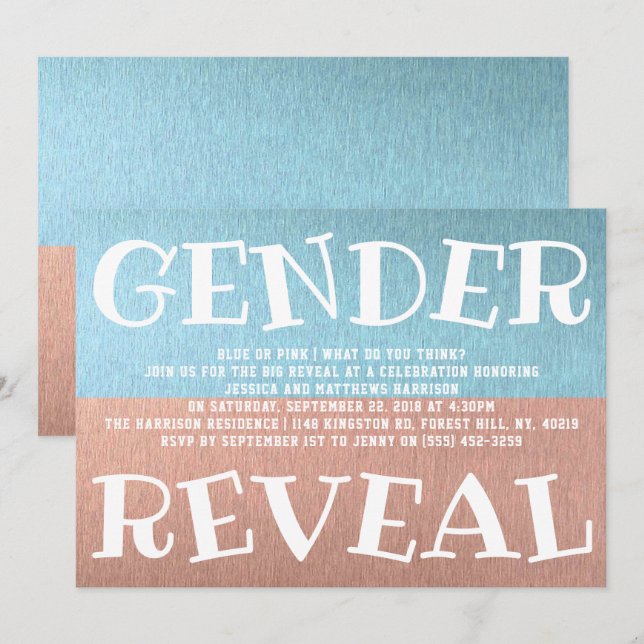 Modernes Typografie Gender Reveal Party! Babyparty Einladung (Vorne/Hinten)