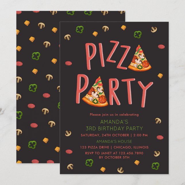 Modernes Typografie Pizza Slices Kindergeburtstag  Einladung (Vorne/Hinten)