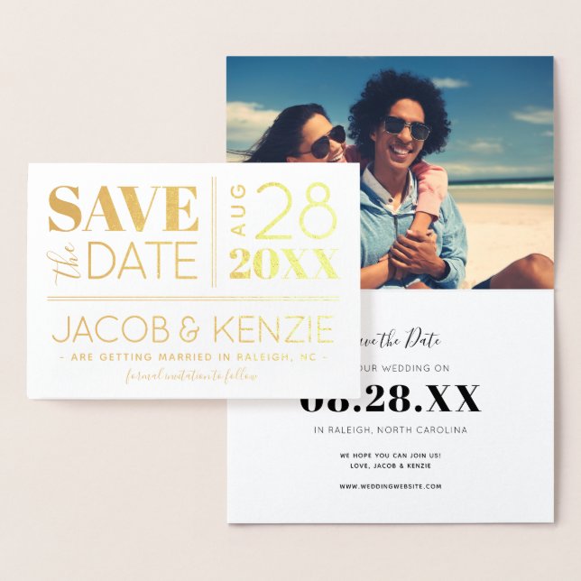 Modernes Typografy Gold Foil Foto Save the Date Folienkarte (Anzeige)