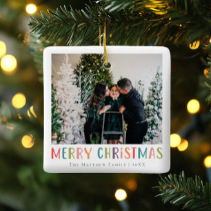 Modernes und farbenfrohe Weihnachtsfamilien Foto Keramikornament