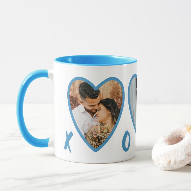 Modernes Valentines Light Blue Hearts Foto Tasse (Mit Donut)