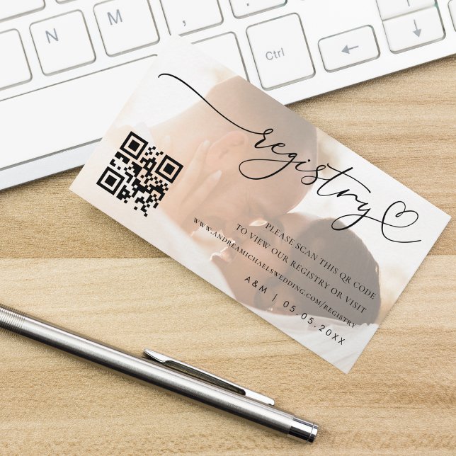 Modernes, verblasstes Foto & QR-Code für Hochzeits Begleitkarte (Von Creator hochgeladen)