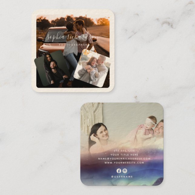 Modernes Vier-Foto-Signature-Creme Lässig Quadratische Visitenkarte (Vorne/Hinten)