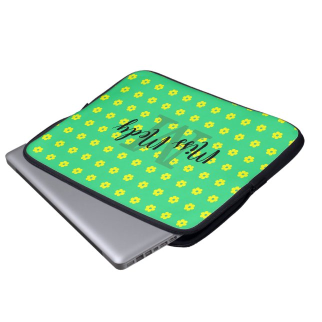 Modernes Vintag-gelbgrün-Blume-Monogramm Laptopschutzhülle (Vorne Knopf)