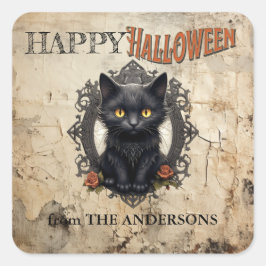 Modernes Vintages Black Cat Alt Paper Halloween Quadratischer Aufkleber
