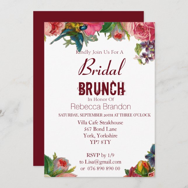 Modernes Vintages Blumenburgundy Bridal Brunch Einladung (Vorne/Hinten)