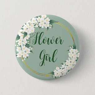 Modernes Vintages Blumenweiß auf grüner Blumengärt Button