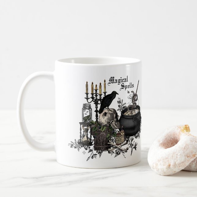 Modernes Vintages Halloween WITCHES BREW Kaffeetasse (Mit Donut)