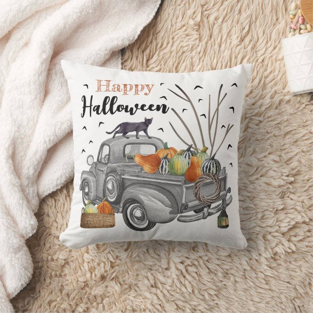 Modernes Vintages LKW Happy Halloween Kissen (Decke)