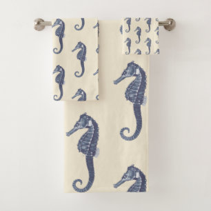 Modernes Vintages Navy Blue Seepferd auf Beige Cre Badhandtuch Set