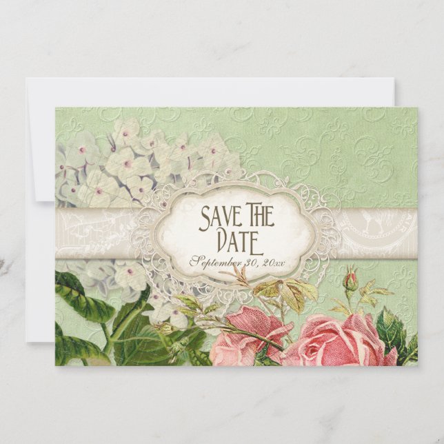 Modernes, Vintages Spitzentea Hydrangea in Rose Einladung (Vorderseite)