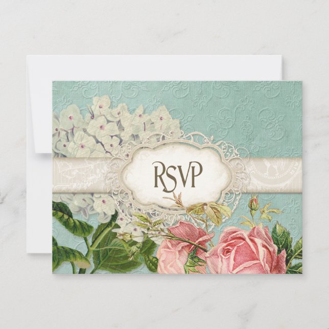 Modernes, Vintages Spitzentea Hydrangea in Rose RSVP Karte (Vorderseite)