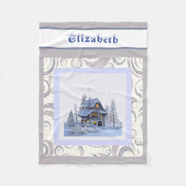 Modernes Vintages Winterschneeflocken-Haus Fleecedecke (Vorderseite)