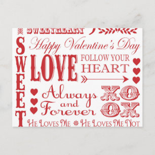 Modernes Vintages Wort Valentine Liebe Feiertagspostkarte