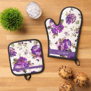 Modernes Violett-Blumenmuster Ofenhandschuh & Topflappen-Set