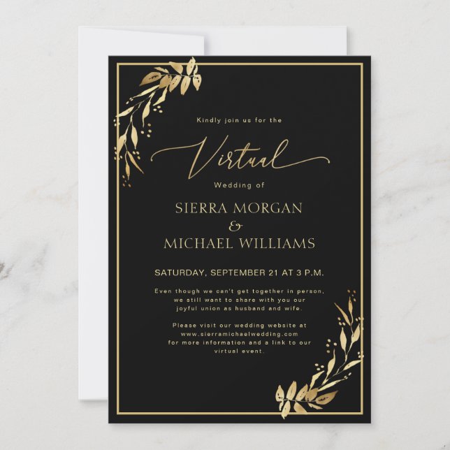 Modernes Virtual Wedding Chic Golden Foliage Black Einladung (Vorderseite)