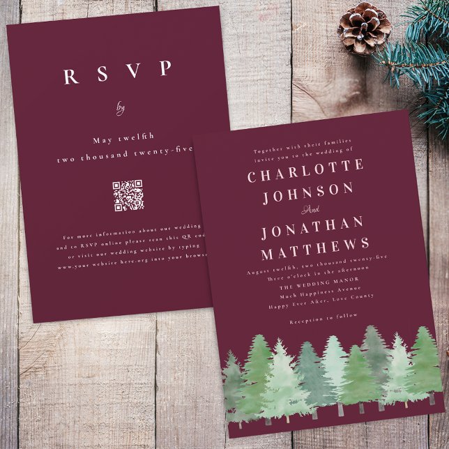 Modernes Waldgebiet Burgund QR Code Hochzeit Einladung (Modern Woodland snow forest burgundy and white winter wedding qr code invitation)