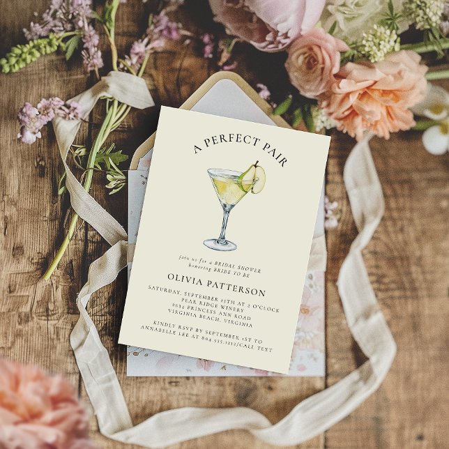 Modernes Wasserfarbenpear Martini-Brautparty Einladung (A Perfect Pair Bridal Shower Invitation )