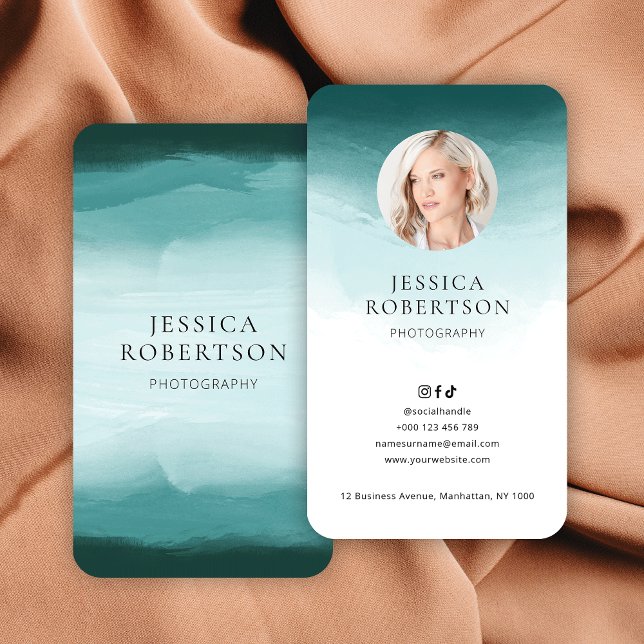 Modernes Watercolor Aquamarin Designer Foto Elegan Visitenkarte (Elegant turquoise watercolor business cards with your custom photo)