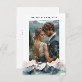 Modernes Watercolor Bergwelt Hochzeitssemble Foto Dankeskarte