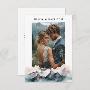 Modernes Watercolor Bergwelt Hochzeitssemble Foto Dankeskarte