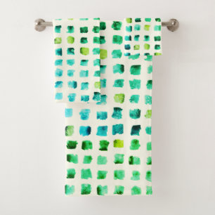 Modernes Watercolor Blau Grünes Quadrat Muster Badhandtuch Set