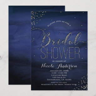 Modernes Watercolor Blau Silberglanz BRAUTPARTY Einladung