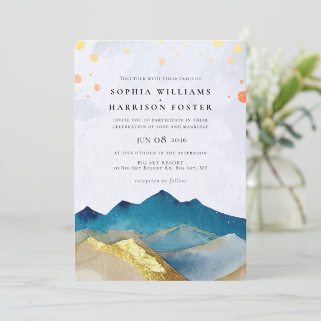 Modernes Watercolor Blue Gold Mountain Wedding Fot Einladung (Stehend Vorderseite)