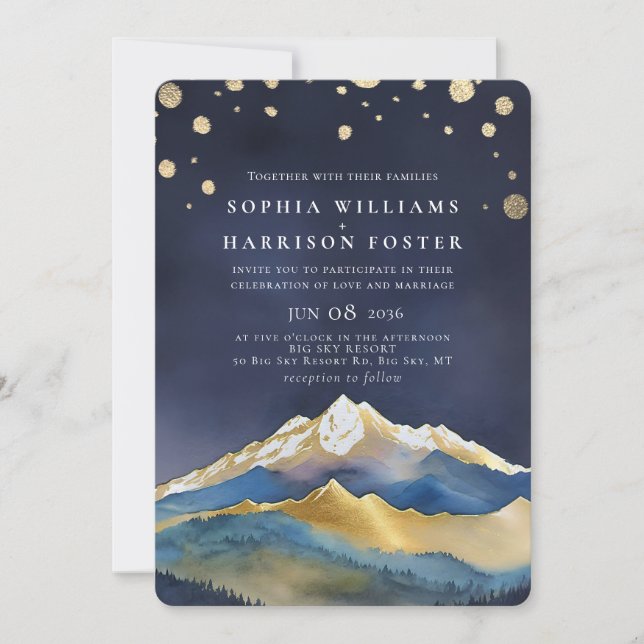 Modernes Watercolor Blue Gold Mountain Wedding Fot Einladung (Vorderseite)