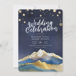 Modernes Watercolor Blue Gold Mountain Wedding Fot Einladung