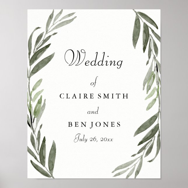 Modernes Watercolor Green Leaf Wedding Poster (Vorne)