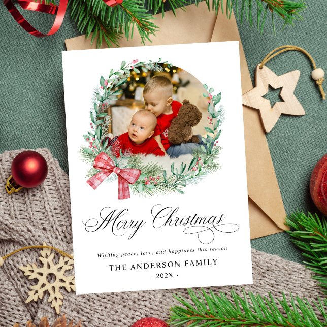 Modernes Watercolor Wreath Bow Foto Weihnachten (Von Creator hochgeladen)