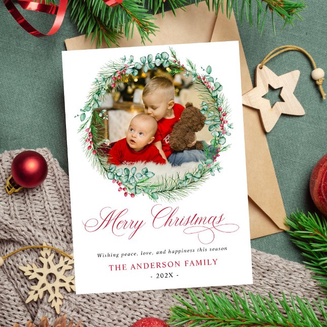 Modernes Watercolor Wreath Bow Foto Weihnachten (Von Creator hochgeladen)