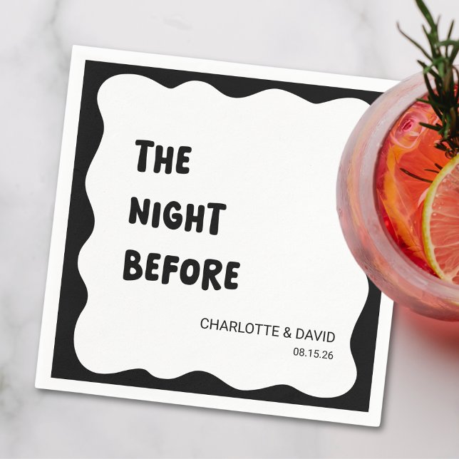 Modernes Wave Border Black & White Probe Dinner Serviette (Personalize your rehearsal dinner with these trendy napkins to set a bold & fun tone for the evening)