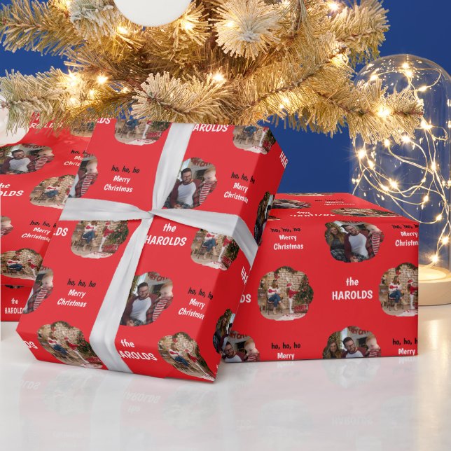 Modernes Weihnachts-Custom-Family-Foto Red Geschenkpapier (Feiertage)